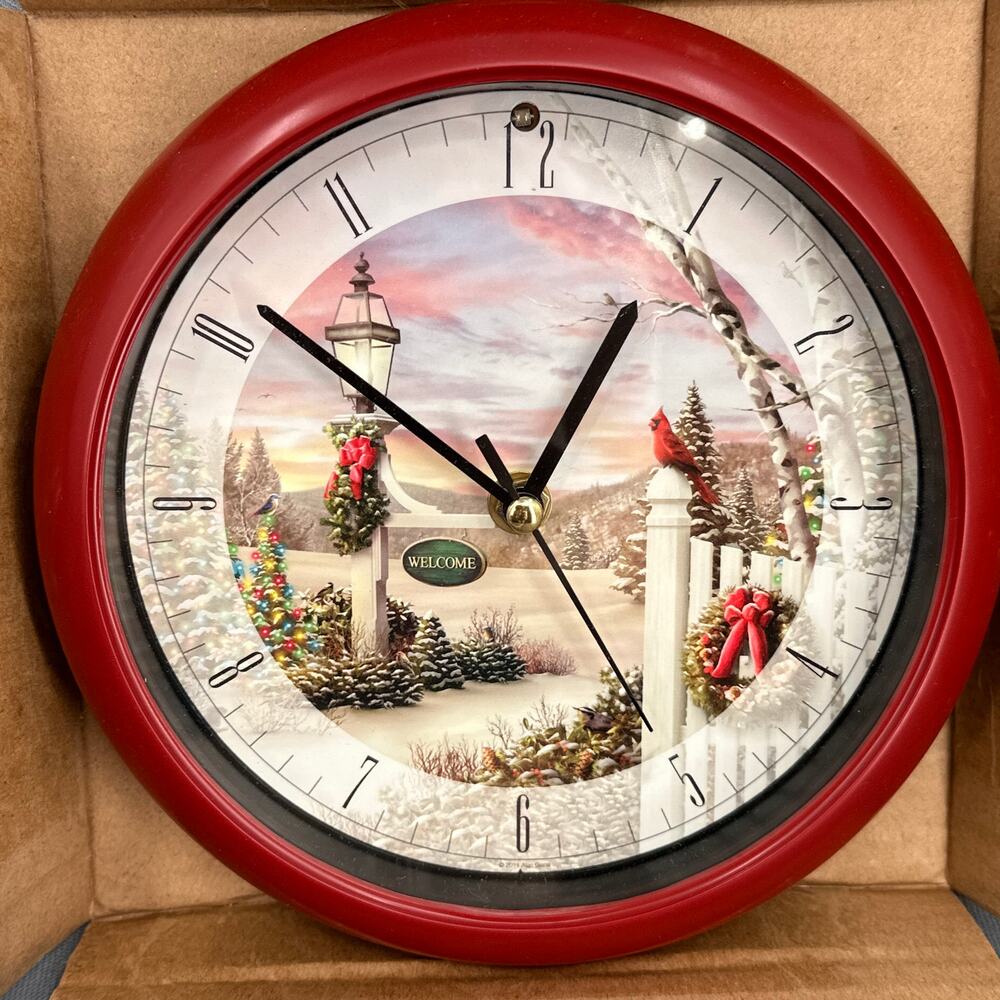 Musical Christmas Carol Clock 8" Red Cardinal Bird Cottagecore Cabin Kitschy New